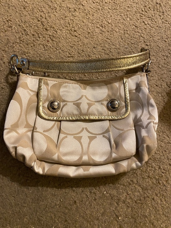 Coach Handbags - Coach Beige Signature Jacquard Shoulder Bag with Gold Trim